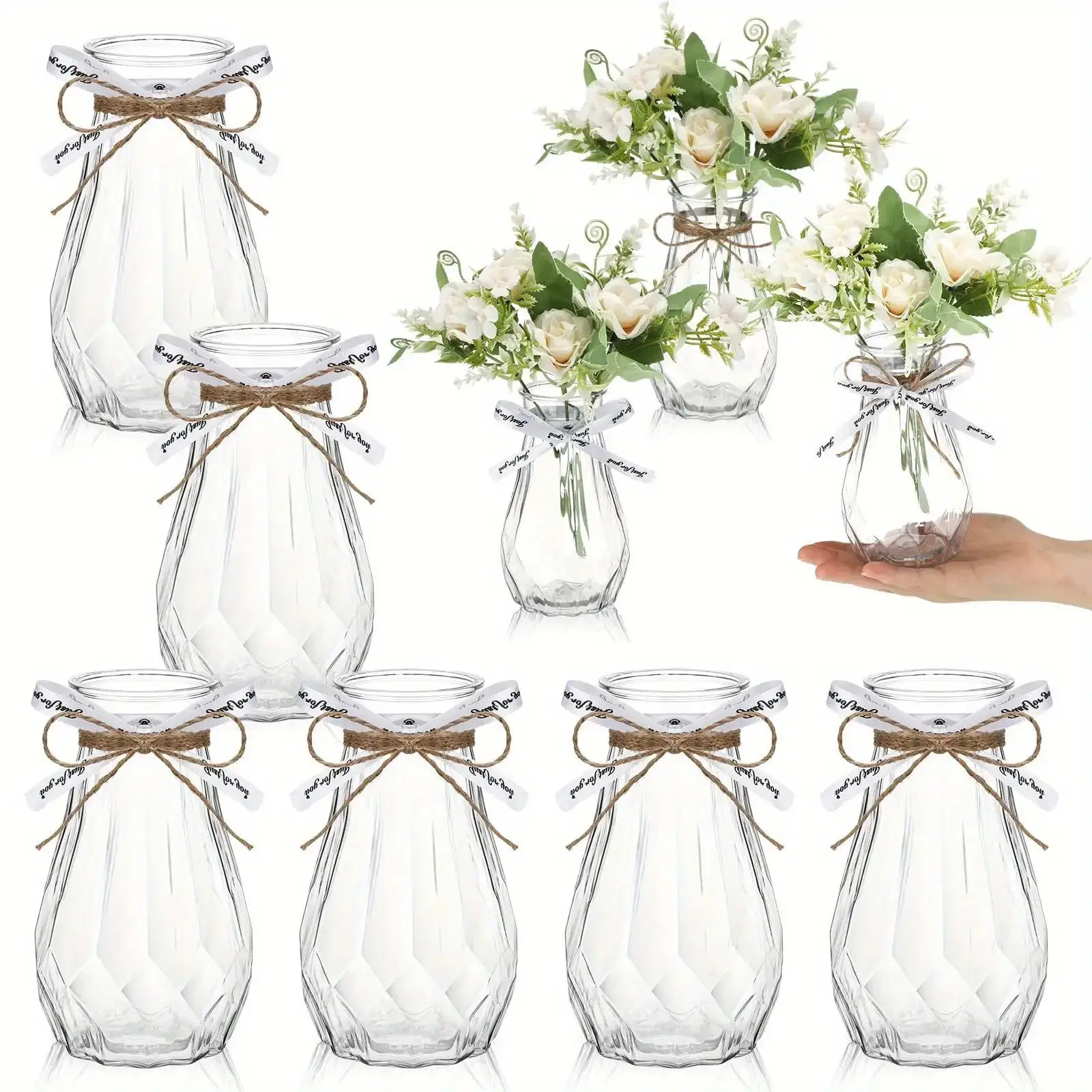 Stylish Plastic Vases Featuring Diamond Pattern And Ribbon Details - Clear, Perfect For Creating Flower Arrangements, Home
