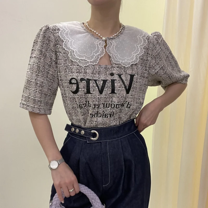 Retro Chic Blütenblatt Kragen Hohl Gestrickte Brief Drucken Lose ort Sve irt frauen Top Pendeln Sle Frühling Sammlung