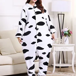 Sleepwear Women Cartoon Onesies Kigurumi Funny Cute Black White Cow Print Button Up Hooded Jumpsuit Autumn Warm Flannel Pajamas