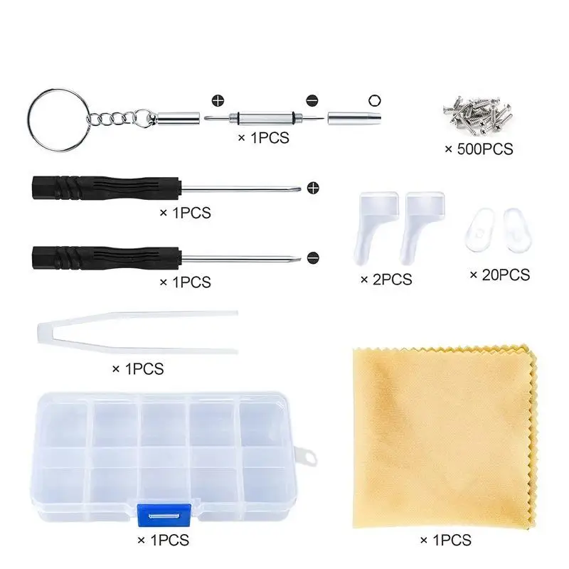 Reparatur-Werkzeugsets für Brillen und Sonnenbrillen mit Schrauben, Nasenpads, Ohrbügeln, Schraubendreher, Muttern und verschiedenen optischen Teilen – Detail 8