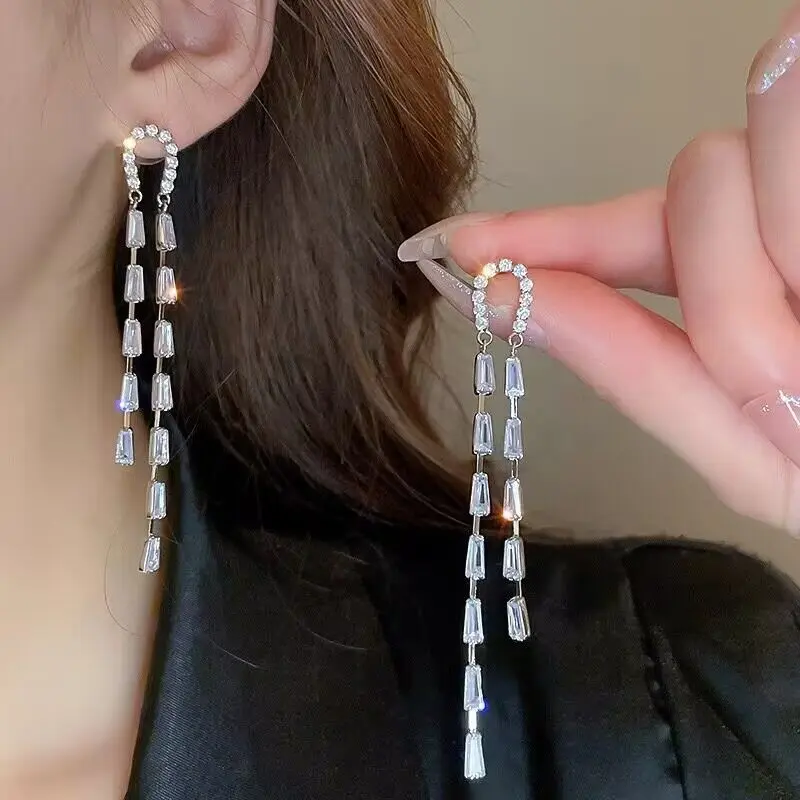 Korean Fashion Exquisite Zirconia Tassel Dangle Earrings