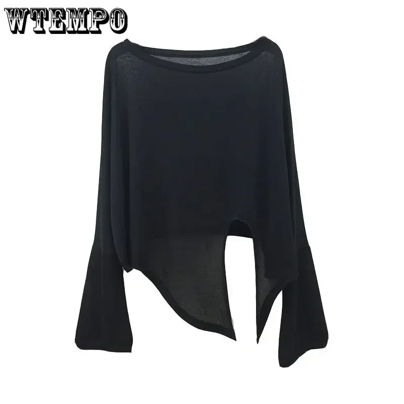 WTEMPO Knot Solid Sun Protection Clothing Summer Split Irregular Long Sleeve T-shirt Loose Casual Top Drop Shipping