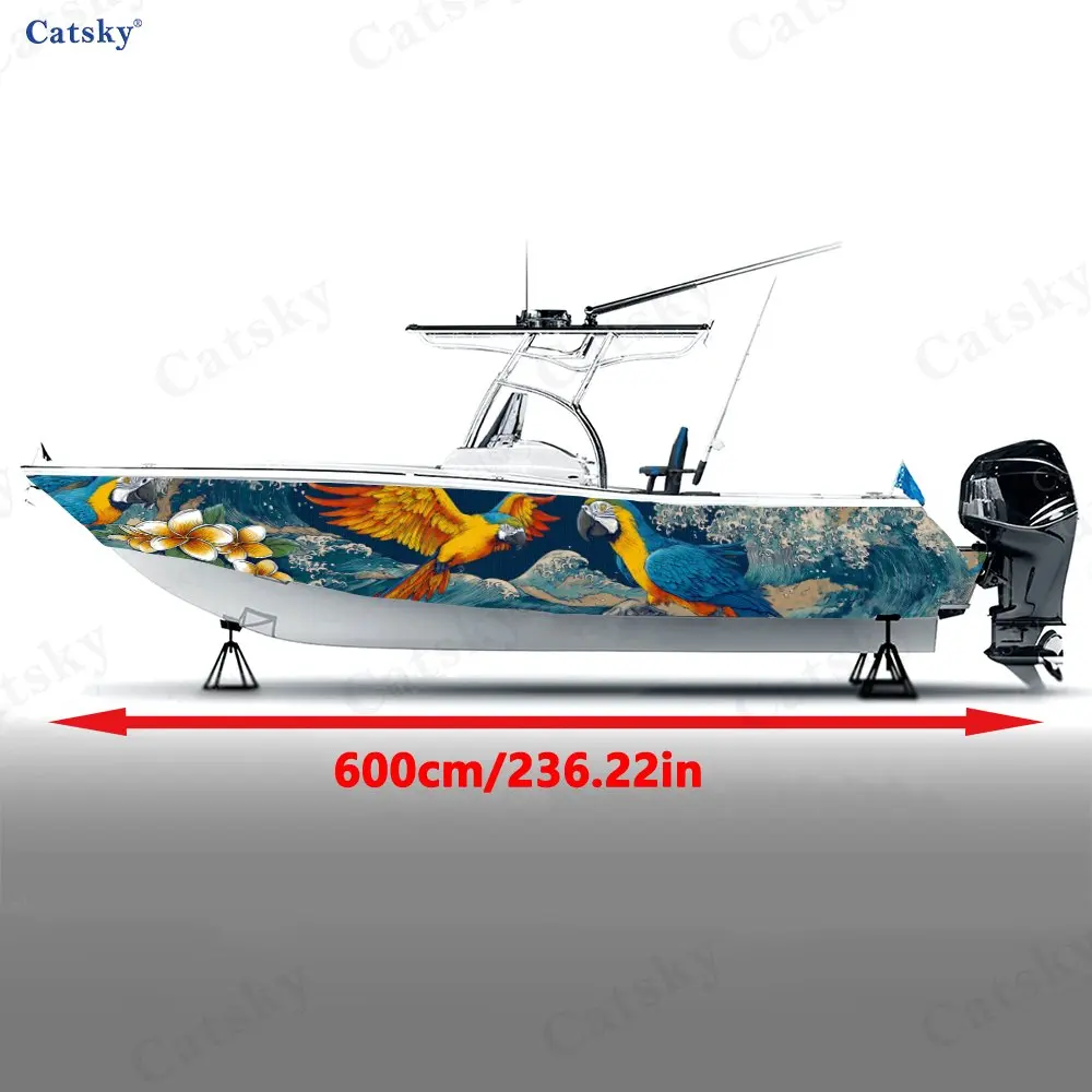 Tropical Style Blue-and-yellow Macaw Boat Sticker, PVC Waterproof Vinyl Wrap Decals for Fishing Boat, Durable and Stylish Design