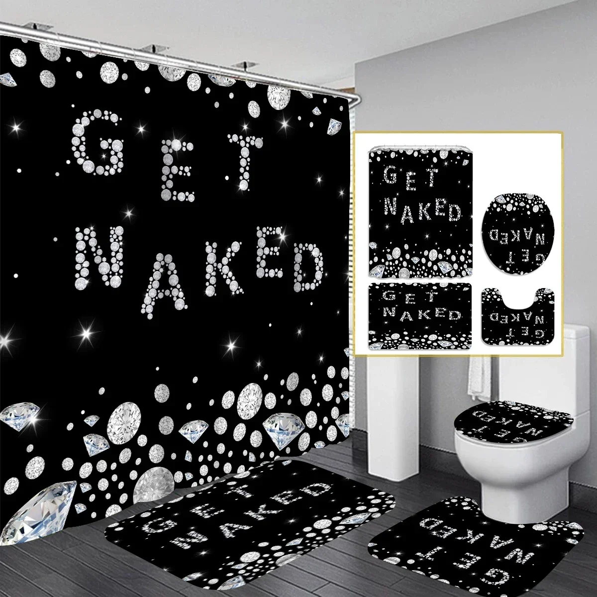 Black and White Diamond Bathroom Set Text Shower Curtain Non-slip Carpet Toilet Lid U-shaped Mat Unique Bathroom Decoration