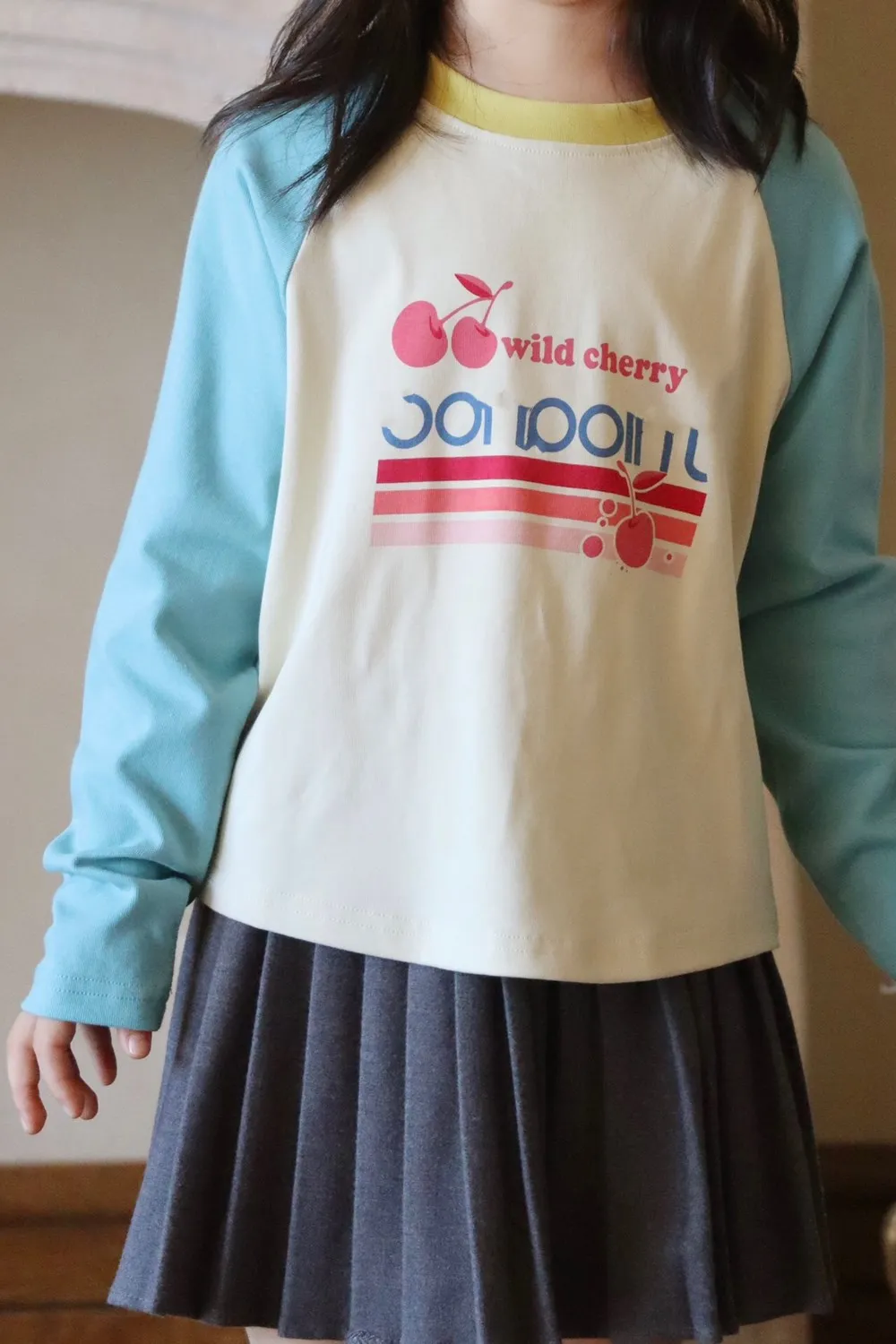 

fall baby tops baby girls clothes Cherry letter printed color blocked casual top kids t-shirt