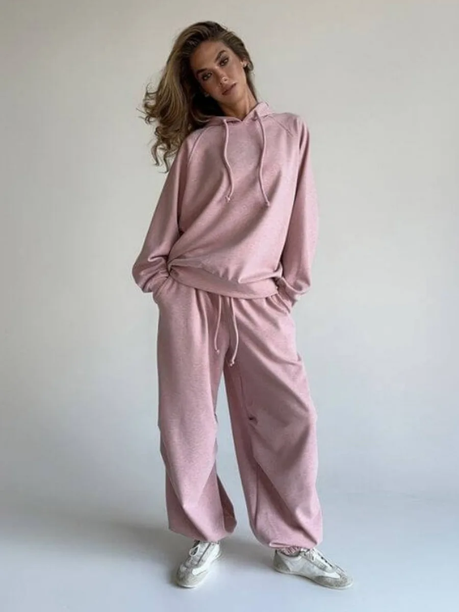 Conjunto de moletom feminino Wolfeel outono inverno macio com capuz solto e ombro caído pulôver relaxado conjunto de calças compridas