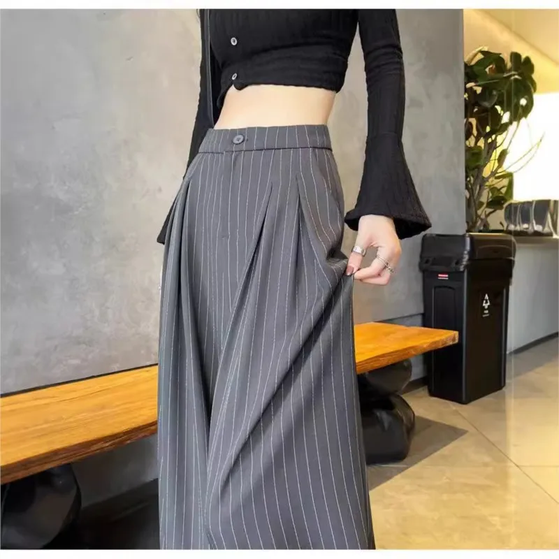 2025 Autumn Korean women's design sense loose slimming high-waisted straight-leg drape casual pants; striped suit wide-leg