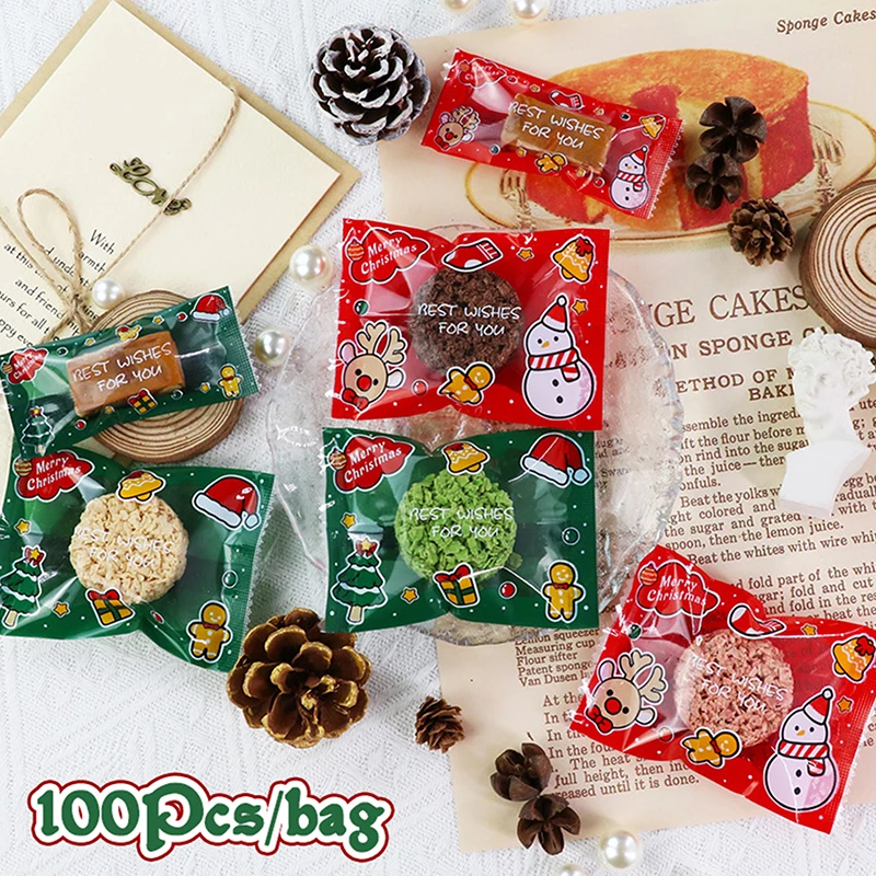 100Pcs Christmas Hot Seal Candy Bags For Handmade Candy Nougat Biscuit Packaging XmasNew Year Party Decoration