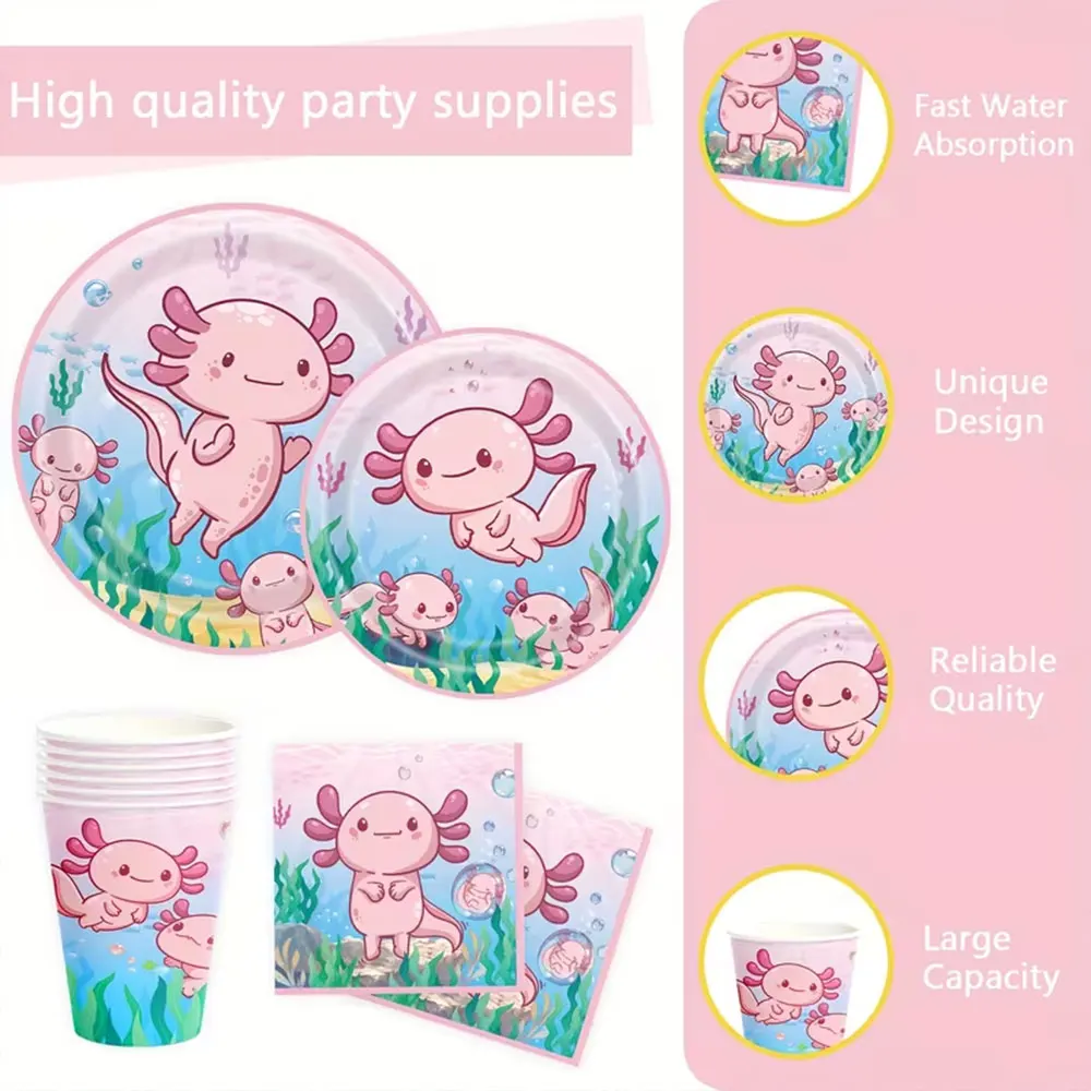 Cartoon Axolotl Birthday Party Decor Disposable Tableware Cup Plate Tablecloth Pink Salamander Backdrop For Children Favors Gift
