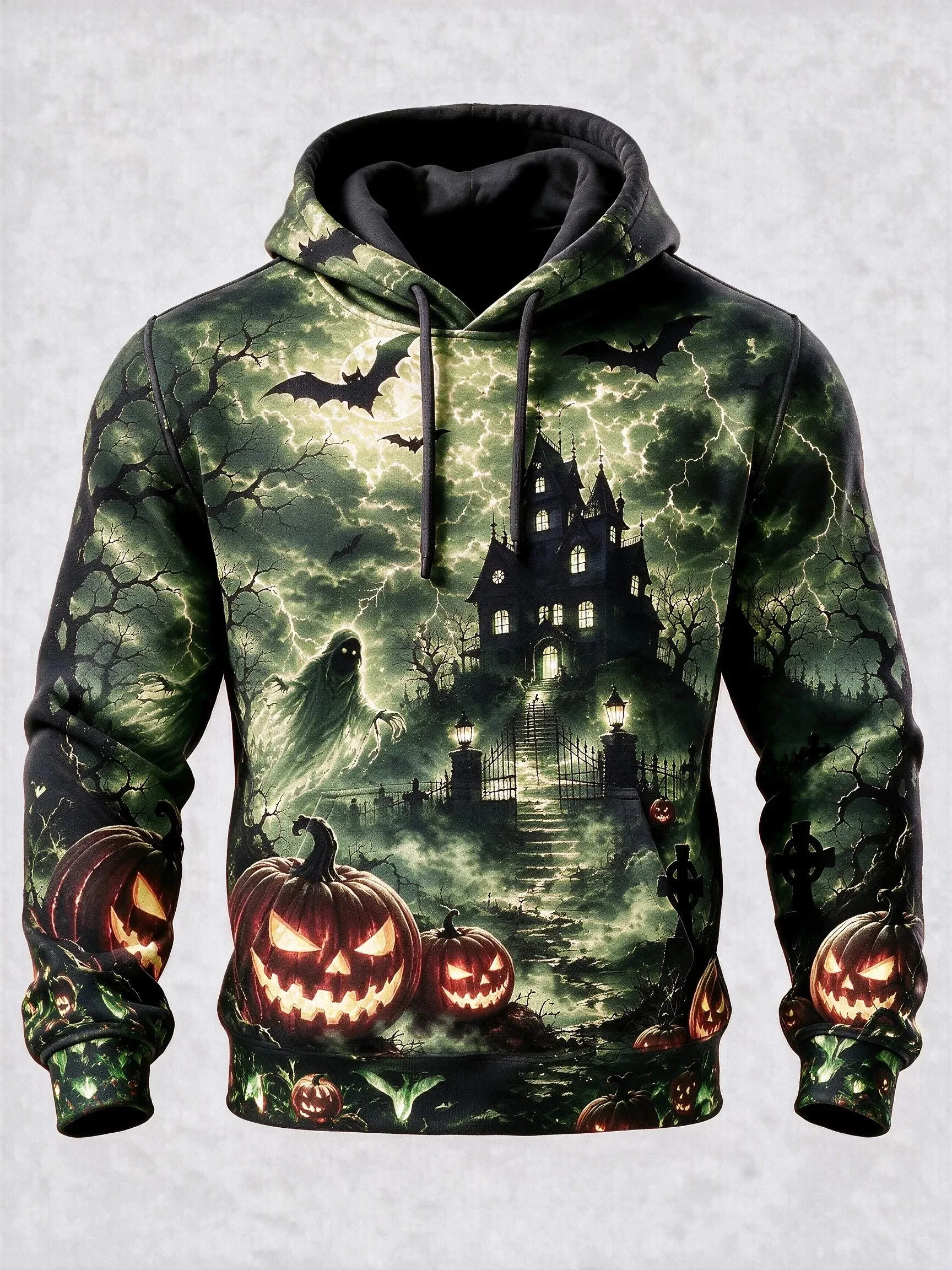 Unisex 3D Print Halloween Hoodie Haunted House Ghost Pumpkin Bat Lightning Full Print Pullover Long Sleeve Sweatshirt