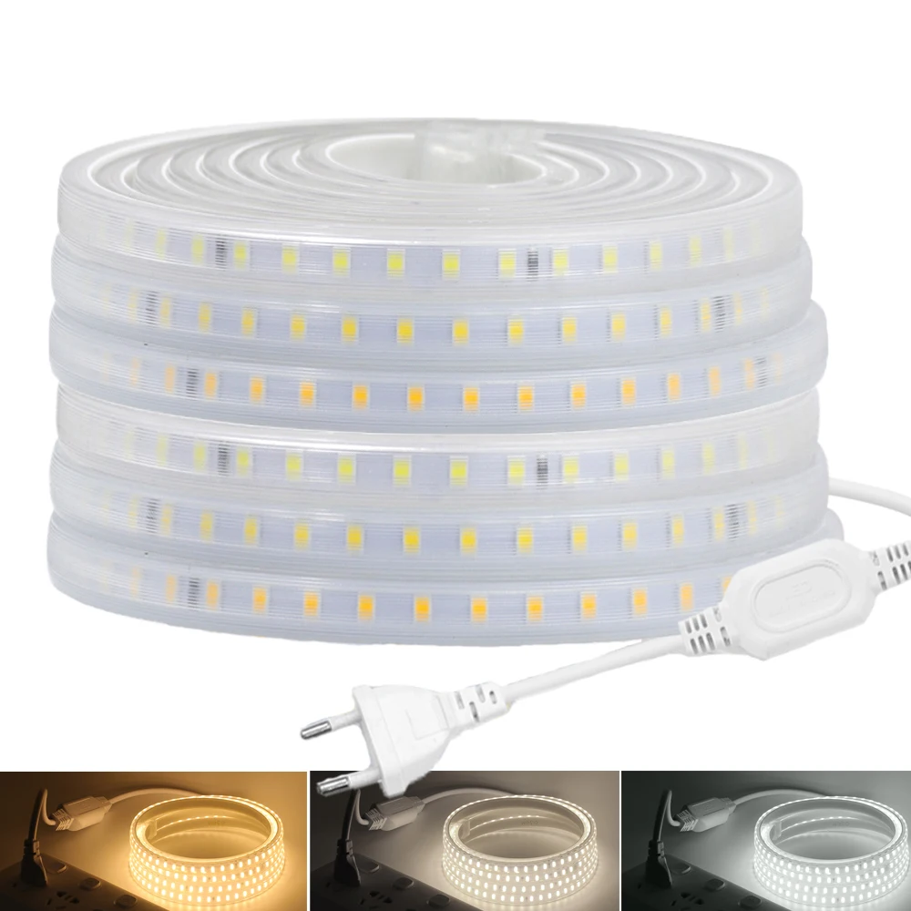 

LED Strip Light AC 220V EU Plug 2835 Waterproof LED Tape High Brightness 120LEDs/m Flexible Kitchen Outdoor Garden LED Lights