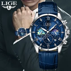 2024 LIGE Mens Watch Luxury Waterproof Male Clock Moon Phase Date Casual Blue Leather Quartz Chronograph mens wristwatch reloj