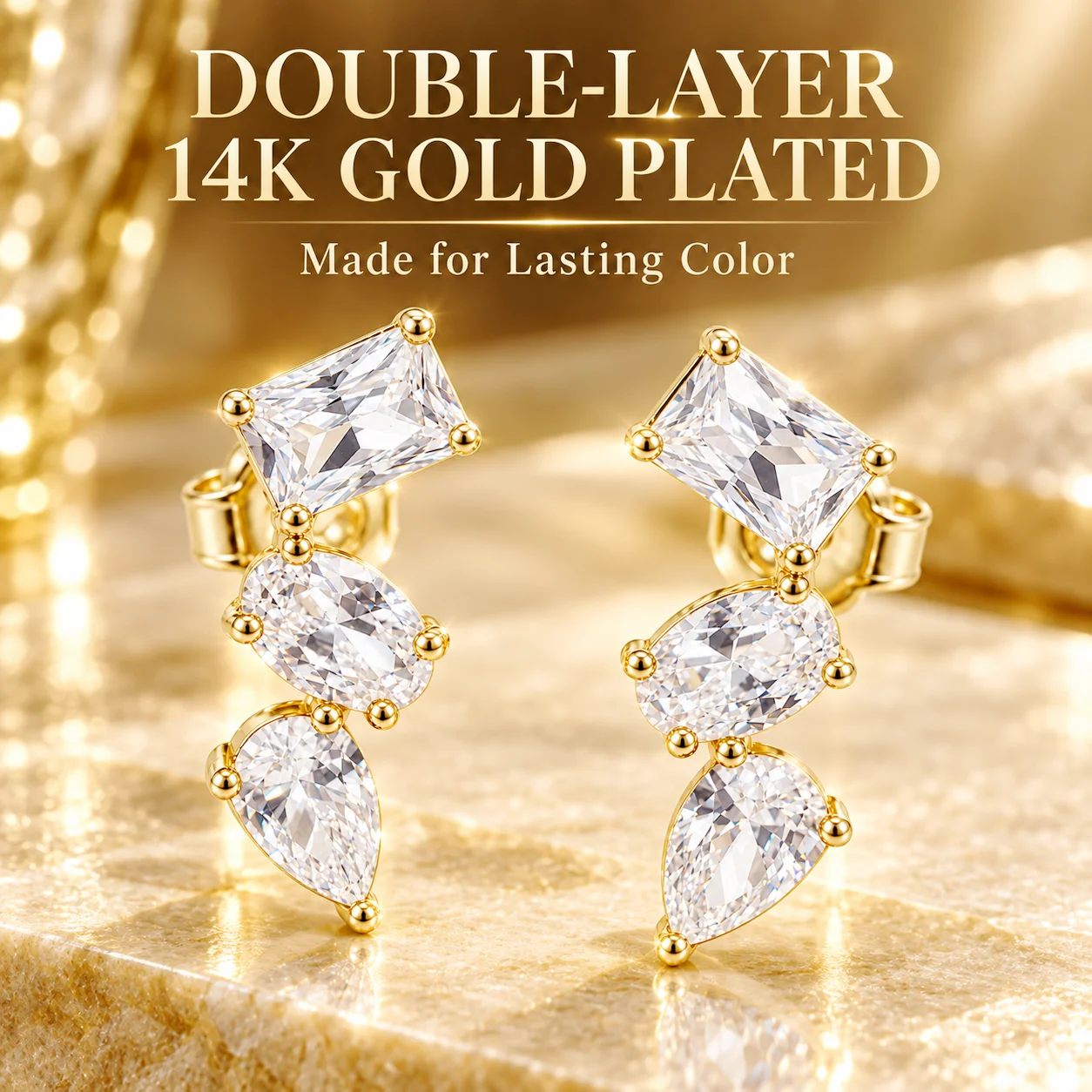 Moonmory Geometrische Drei-Stein-CZ-Ohrstecker für Damen 5A Ovaler Birnen-Zirkon Messing 14K Gold Doppelt Vergoldeter Schmuck Großhandel – Detail 5