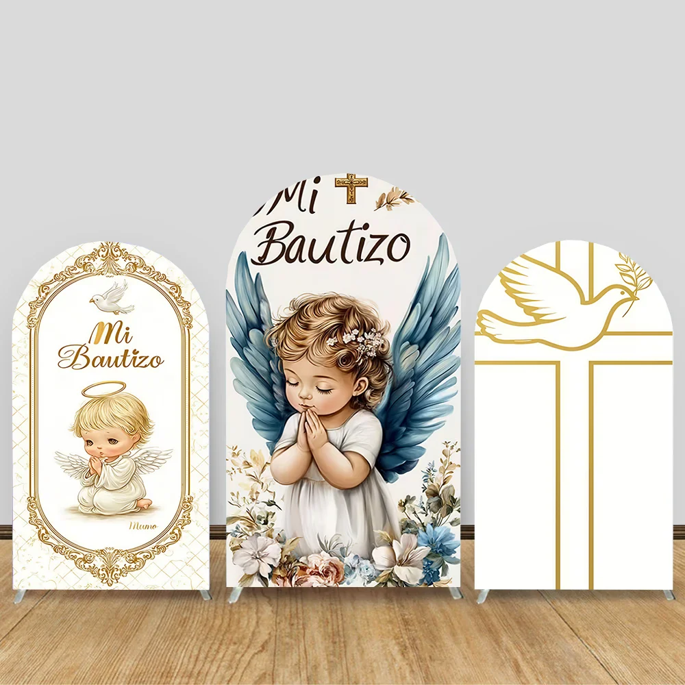 

Mi Bautizo Arch Backdrop Cover My Baptism Gold Cross Doves Floral Design Theme For Baby Christening Party Photography Background