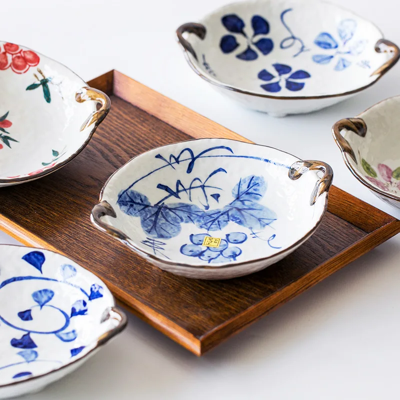 Japanese-Style Mino-yaki Hand-Painted Vintage Double-Handle Dinner Plate, Curry Plate, Fruit Plate, Snack Dish