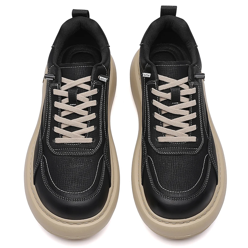 Men Thick Sole Height Boost Leather Sneakers Lightweight Comfortable Thick Platform Non Slip Lace Up Daily Casual Walking Shoes
