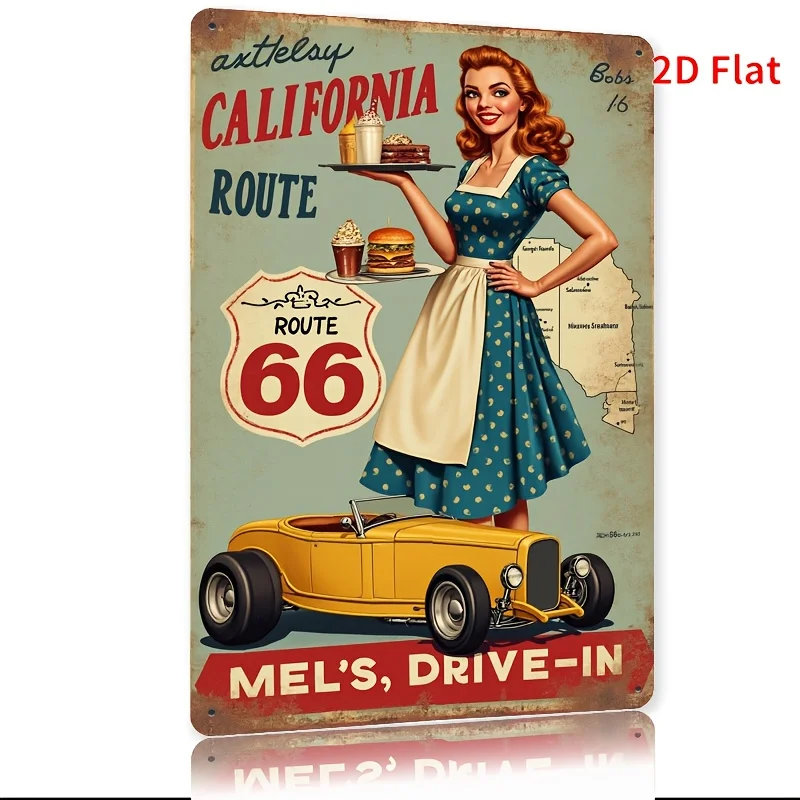 Iron Wall Art with Red-Haired Server & Route 66 Convertible Car Design - Retro American Fast Food Theme for Garden,
