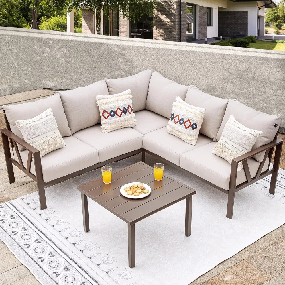 Patio Furniture Set, 6 Pieces Outdoor Couch Sectional, L Shaped Patio Sofa, Metal Patio Couch Sectional with Side Table