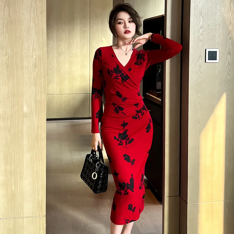 

Coigarsam Long Dress Women New French Style Sexy Vintage Solid Print Zipper V-Neck Red Dresses