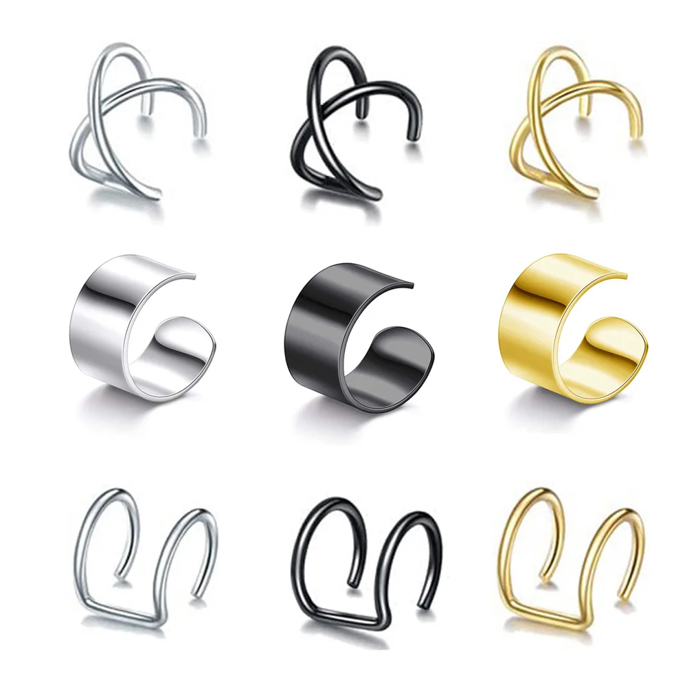 3pcs/set Punk Fashion Stainless Steel Ear Cuffs Helix Cartilage Clip on Wrap Non-Piercing Adjustable Earrings for Women Men Gift