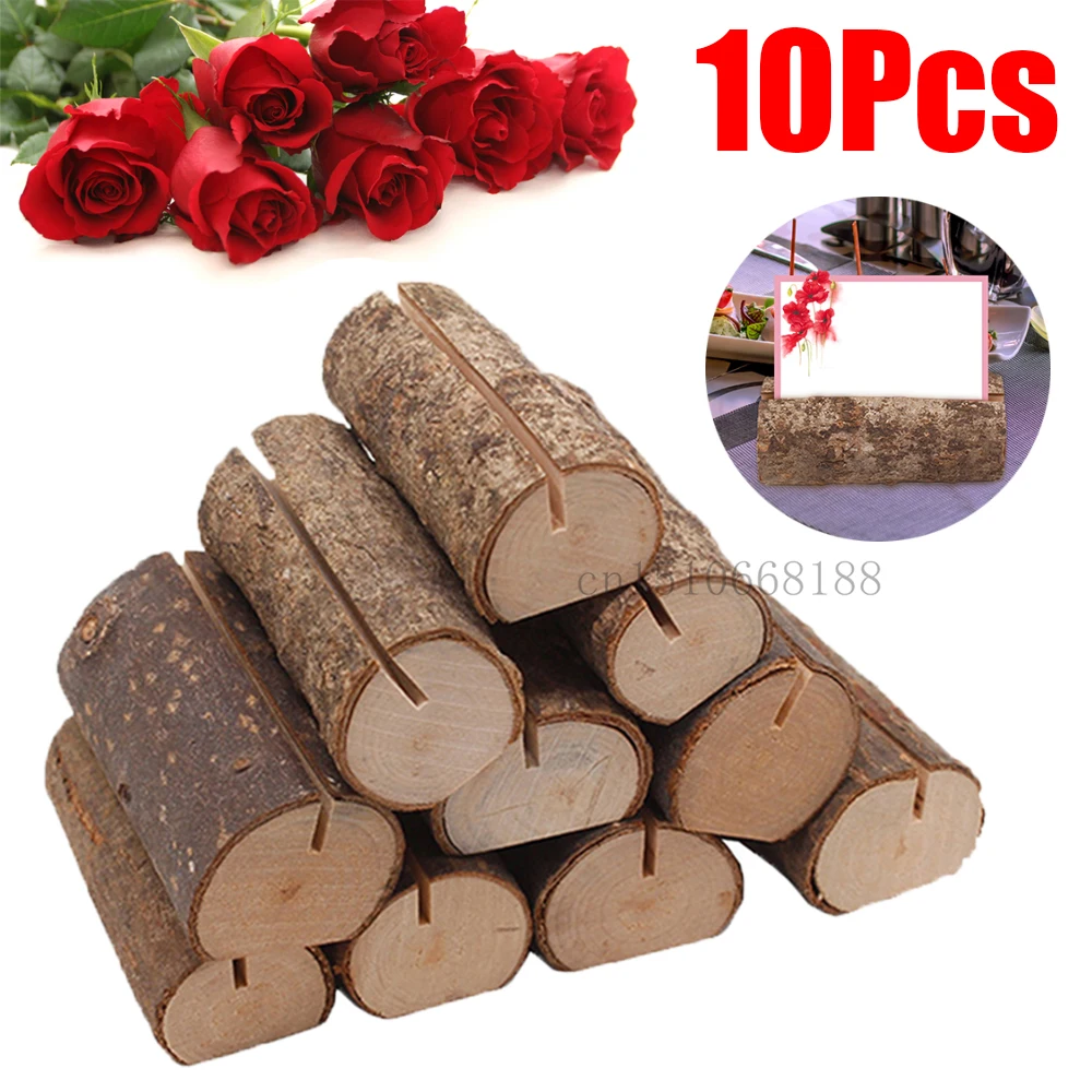 素朴な天然木の場所カードホルダー、木製の名前と数字のホルダー、メニュースタンド、結婚披露宴の装飾、10個