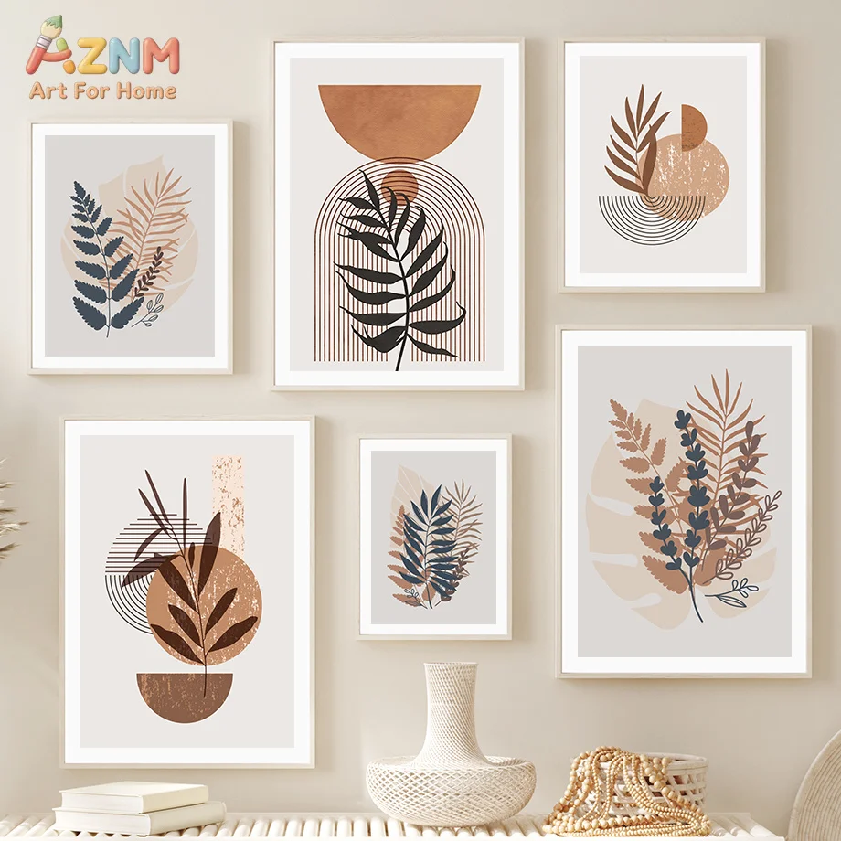 AZNM Terracotta Boho Leaf Canvas Wall Art Print, Abstract Geometric Arch Plant Line Earth Tone Neutral Modern Living Room Aesthe