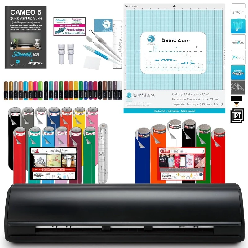 

Cameo 5 Bundle with Vinyl Starter Kit, Heat Transfer Starter Kit, 24 Pack of Pens, Tool Kit, Cameo 5 Start Up Guide with Extra