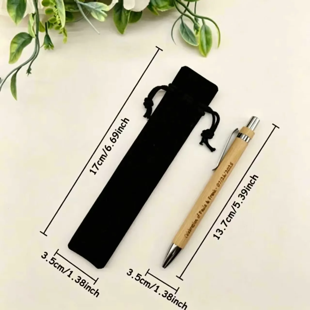 40sets Customizable Bamboo Ballpoint Pens Personalized Wooden Round Pens with Black Pouches Elegant Wedding Engagement Gifts
