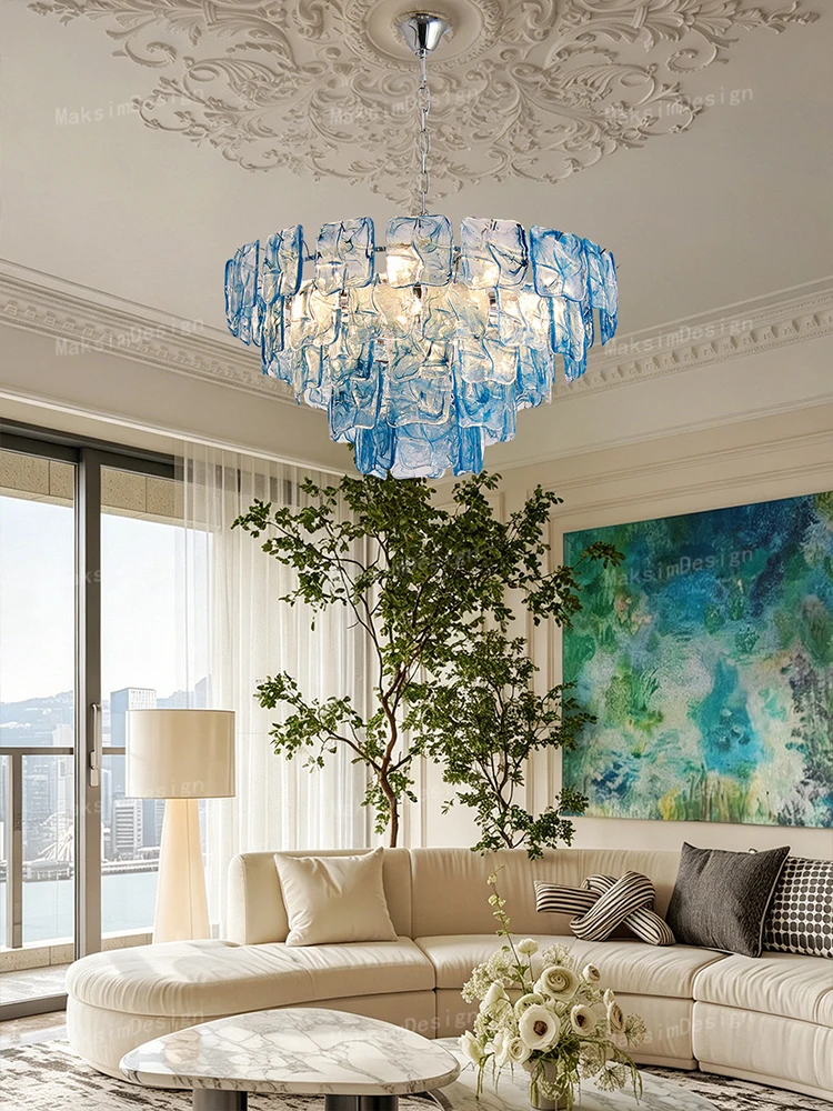Blue Cloud Glass Big Chandelier Home Decor European Villa Living Room Pendant Light Lobby Vintage Style Restaurant Lustre LED
