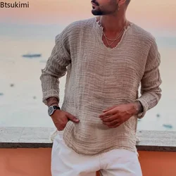 2026 Men's Casual Long Sleeve Shirts Tops Solid Spring Summer Vintage Pleated Ripped O Neck Pullover Loose Men T Shirt Clothes