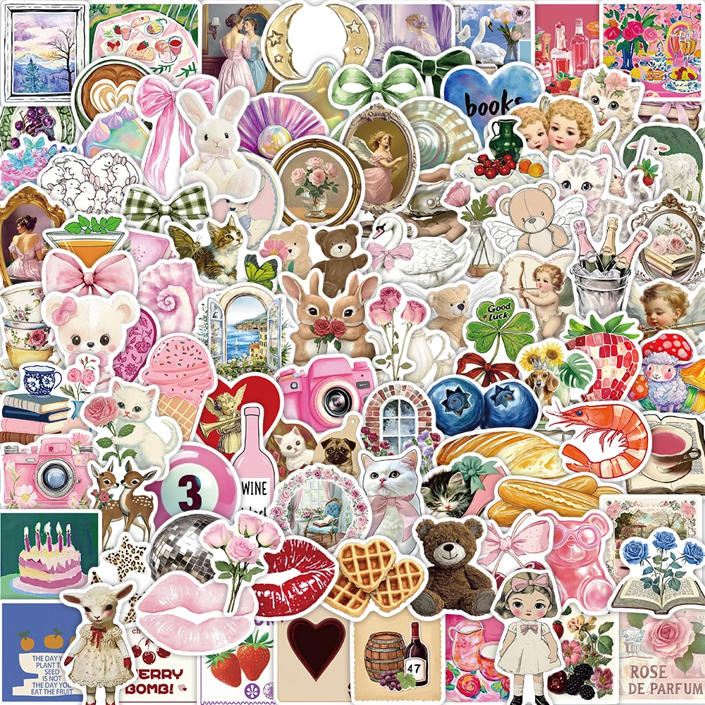 100 Stück Niedliche Rosa Y2K Cartoon-Aufkleber Ästhetische Erdbeer-Dessert-Schleife Dekoration für Telefon, Scrapbook, Tagebuch, Retro-Deko, Geschenk