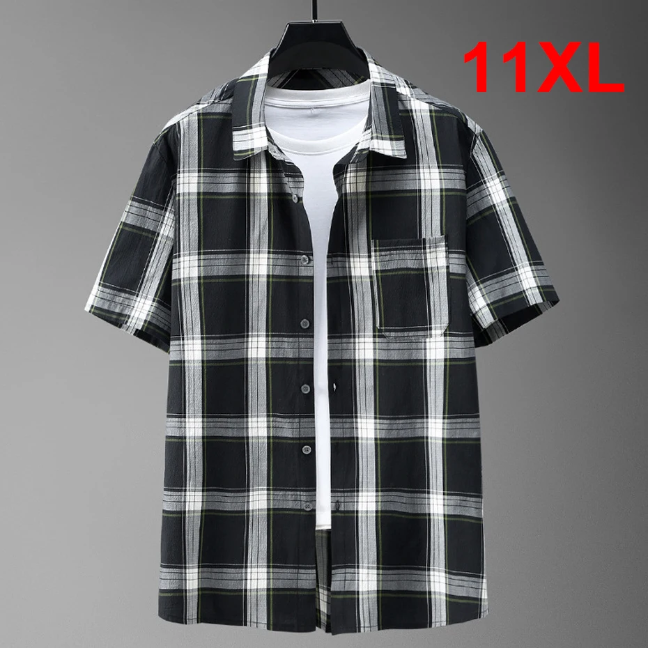 Summer Plaid Shirts Men Plus Size 10XL 11XL Fashion Casual Short Sleeve Shirts Male Big Size 11XL Plaid Shirt