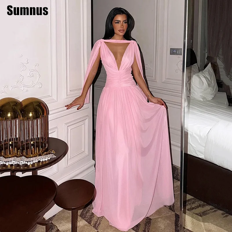 

Sumnus Simple A-Line Prom Dresses Pink Chiffon Deep V-Neck Sleeveless Maxi Birthday Evening Dress Gala Vestidos Customized