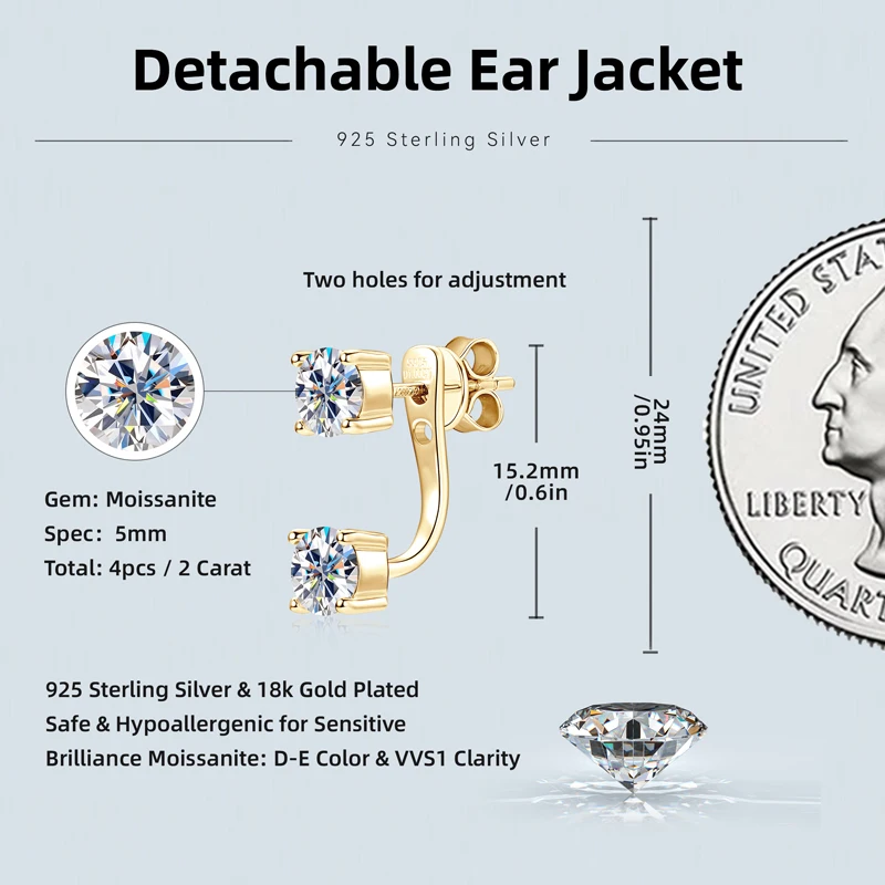 Lnngy Front Back Double Sided Moissanite Stud Earring Pendientes Plata 925 Sterling Silver Earrings For Women 2 in 1 Ear Jewelry