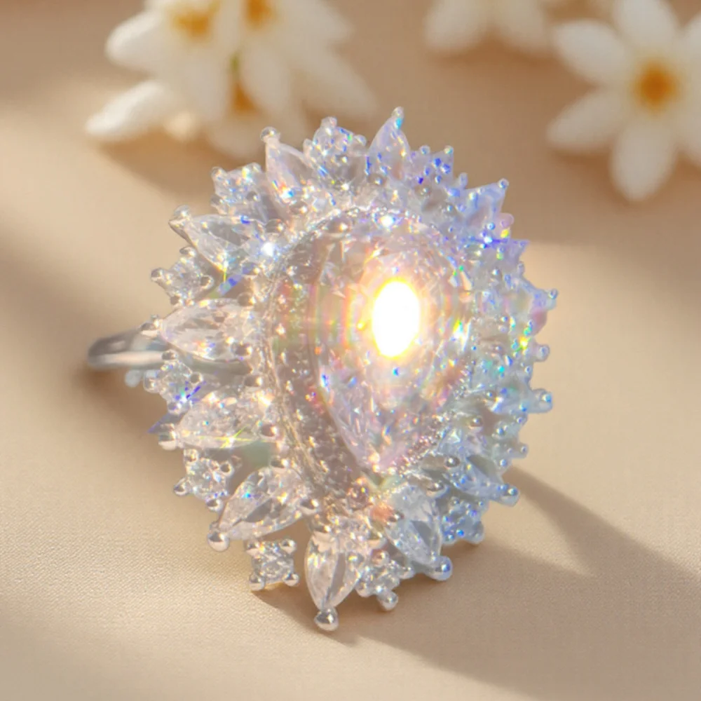1 Pc Luxury Sparkling Drop Ladies Fashion Flower Cube Zirconia Ring Bohemian Ring Ladies Wedding Party Banquet Cocktail Ring High Jewelry Accessories Good and Cheap Gift for The Girl