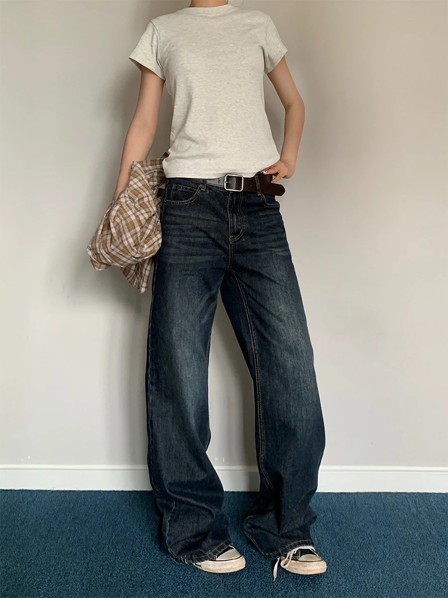 

Ретро-джинсы в американском стиле с высокой талией, широкими штанинами, прямые, повседневные, длинные брюки для мужчин и женщин, весна-осень, модный бренд