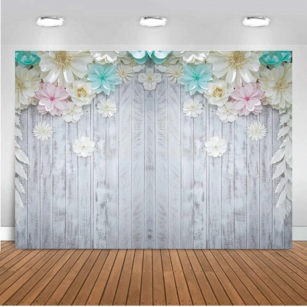 Wood Gray White Rustic Wooden 3D flowers portrait party photo background photography backdrops banner studio