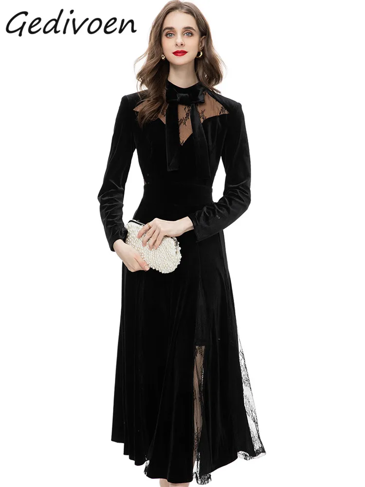 

Gedivoen Autumn Fashion Runway Black Vintage Spliced Dress Women Stand Collar Bow Lace High Waist Slim A-LINE Velvet Long Dress