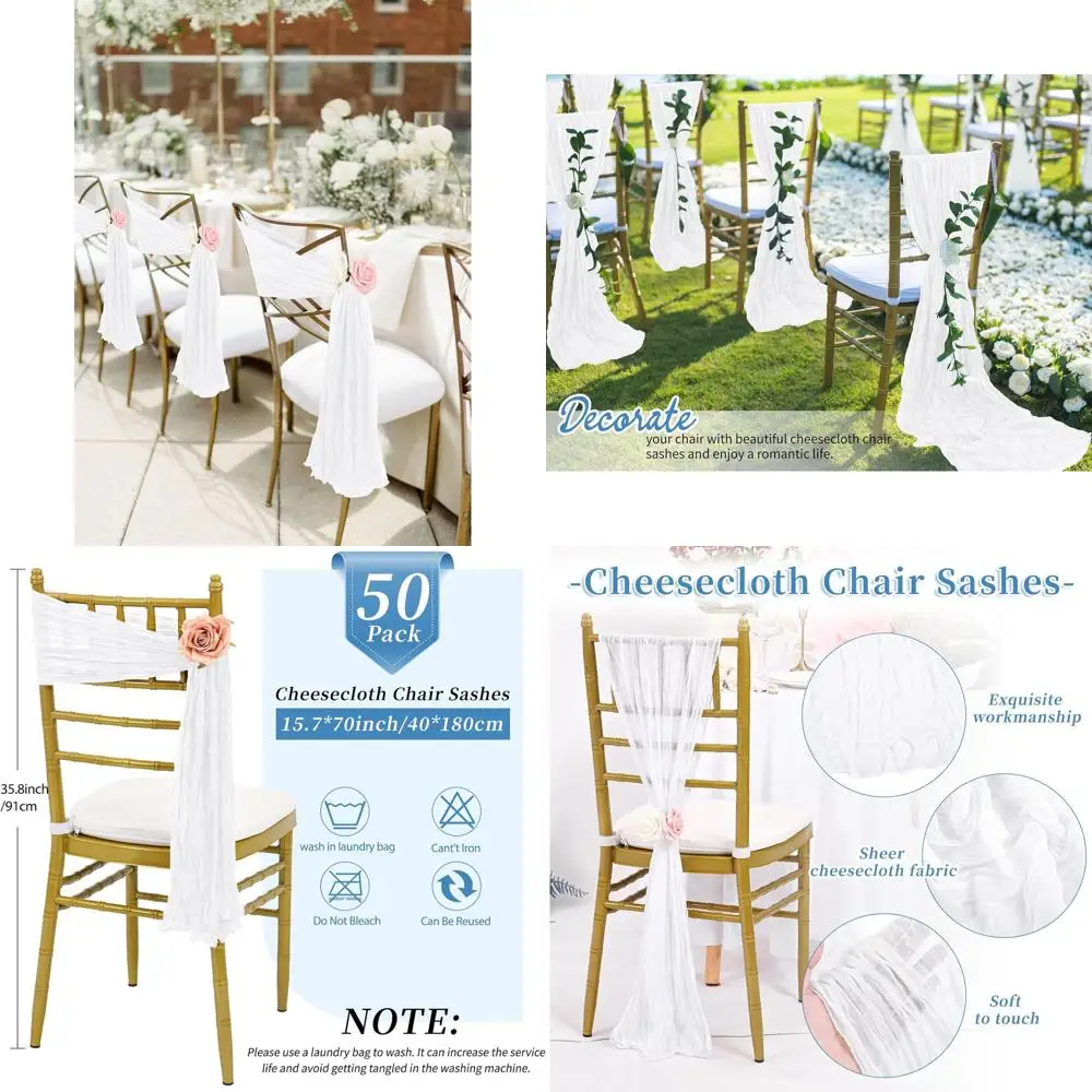 

50 упаковок белых поясов для стула с бантами размером 15,7x70 дюймов, элегантные украшения для стульев для свадеб, банкетов и вечеринок