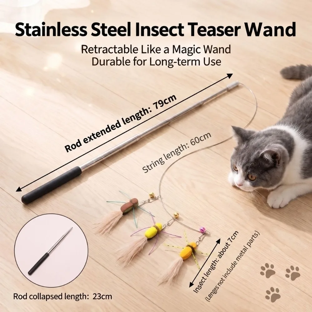 Durable Stainless Steel Cat Teaser Wand with Steel Wire Rope Replaceable Head Telescopic Cat Wand Retractable Cat Fishing Pole