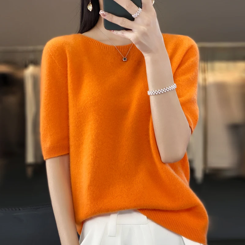 100% Merino wool women\'s O neck knitted T-shirt Korean pullover short sleeve sweater women\'s basic solid color half sleeve women