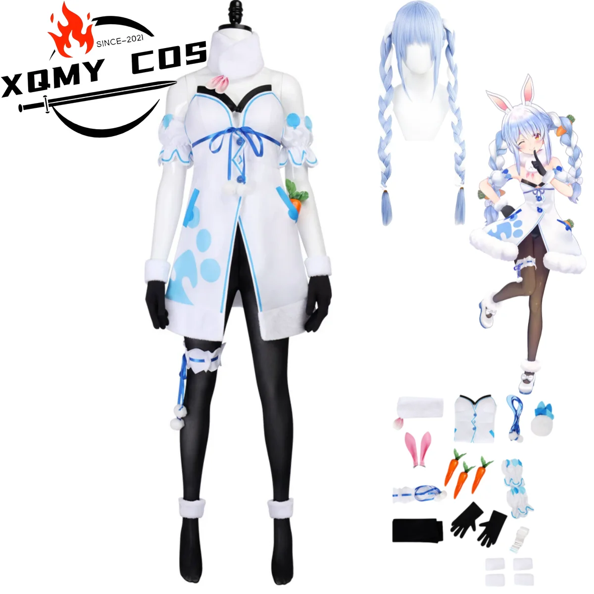 

XqVTuber Virtual YouTuber Usada Pekora Косплей Костюм Hololive Белое Платье Трусики Шланг Униформа Парик Женский Сексуальный Рождественский Костюм