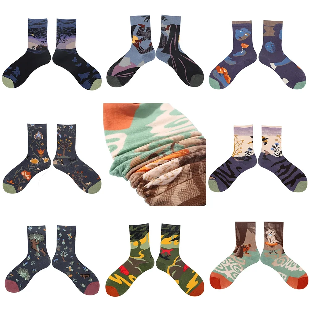 Literary abstract oil painting socks light luxury niche men and women trendy socks tube socks cotton stockings wholesale