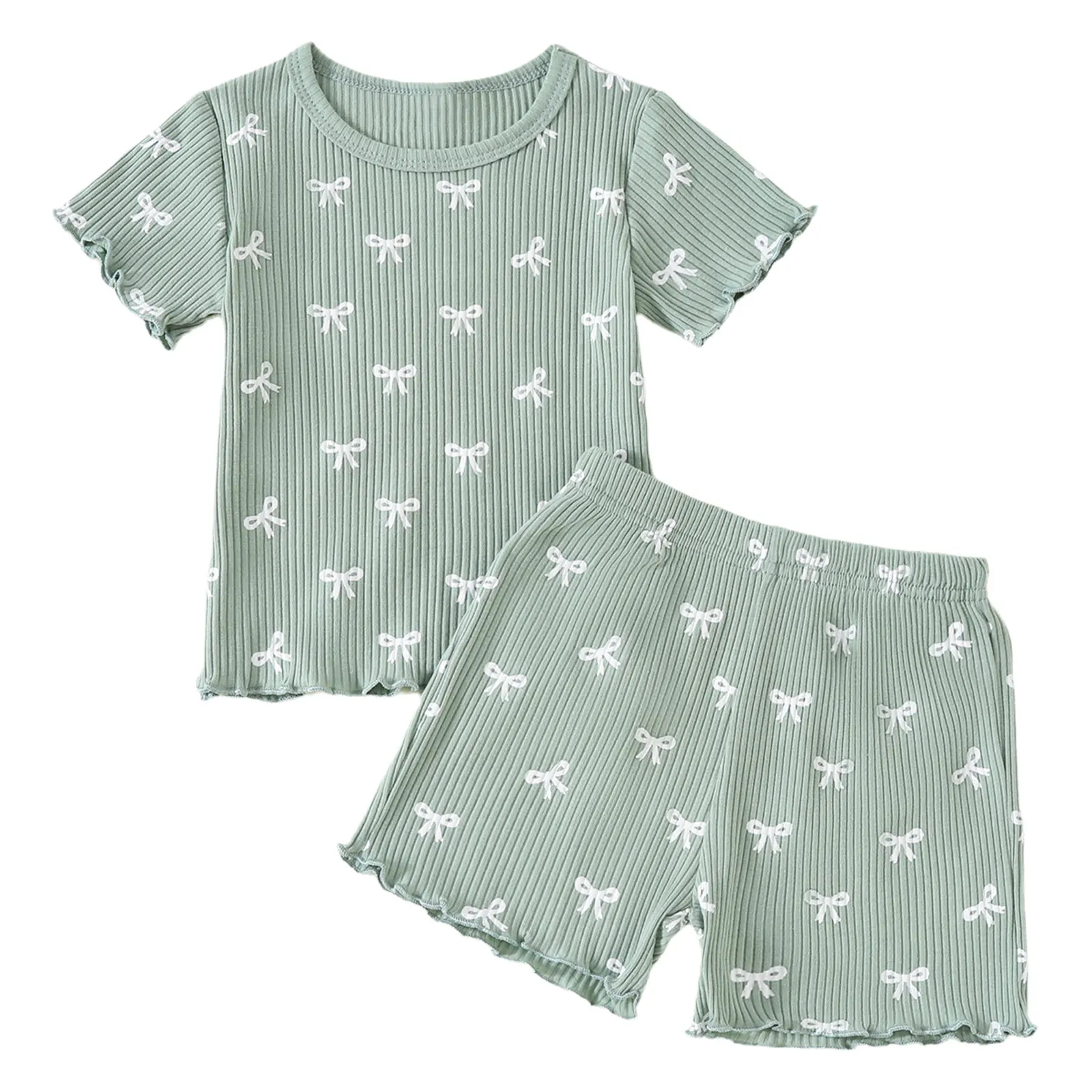 

Baby Girls Clothes Summer Cute Bowknot Ribbed Outfit Short Sleeve T-Shirt Tops And Shorts Children Casual Homewear Loungewear