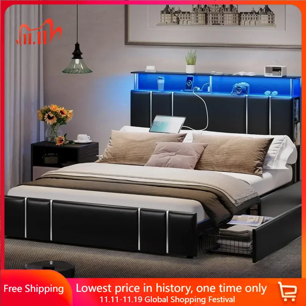 Bed Frame with Bookcase Headboard and 4 Storage Drawers, Bed Frame with Charging Station and LED Lights