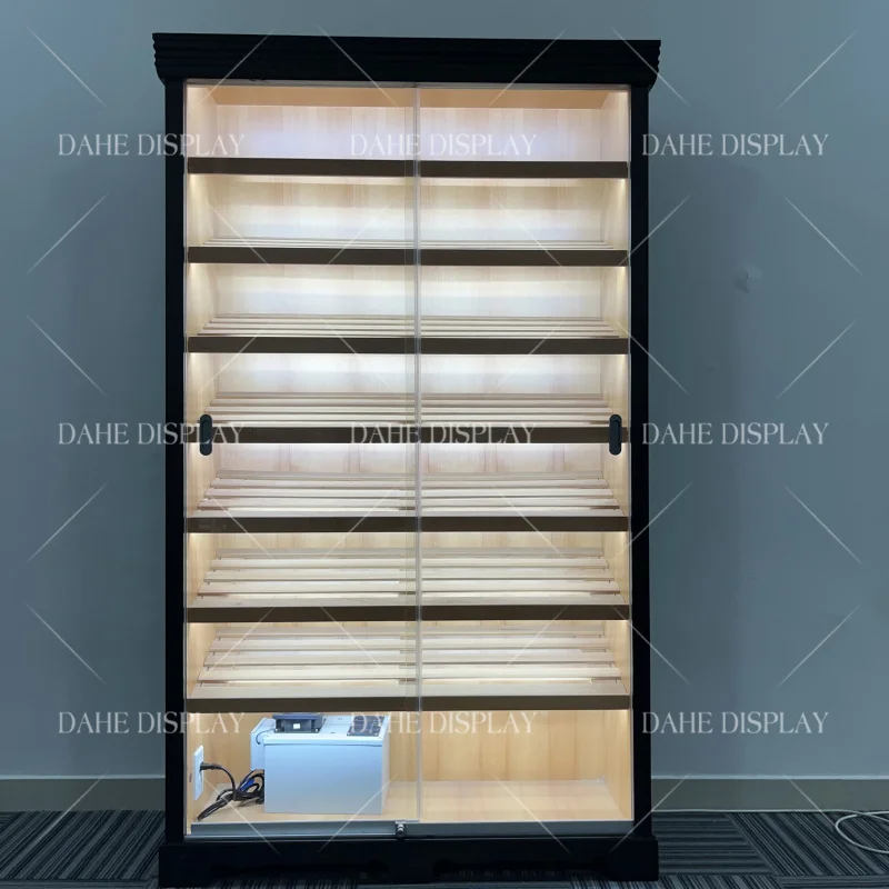 custom.Ceder Wood Cigar Room Humidifier Double Door Cigar Shop Display Showcase Humidor Cabinet with Light Luxury Cigar Humidor
