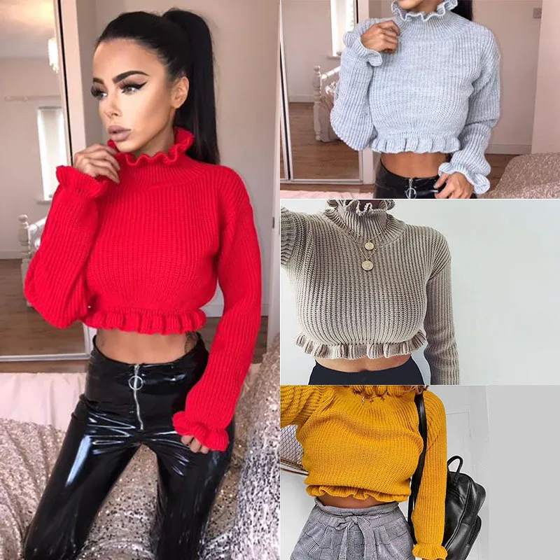 Ubei Hot style autumn clothing knitted ruffles base turtleneck sweater women short pullover crop top fashion