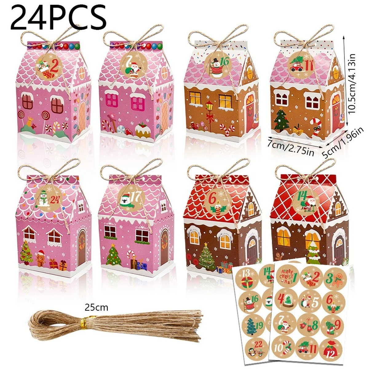 24 cajas de dulces navideños, bolsas de regalo festivas de papel Kraft con hilo, ideales para recuerdos de fiesta, decoraciones para árboles y golosinas de boda