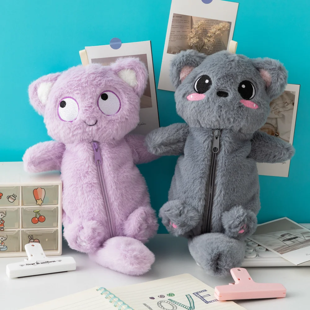 Plush Pen Bag Cute Big Eyed Cat Pencil Case Stuffed Animal Large Capacity Stationery Bag Cartoon Doll Cat Learning Pencil Bag