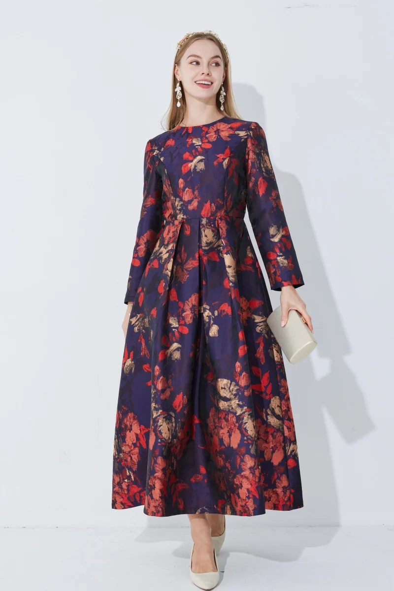Robe maxi à manches longues pour femmes, vêtements de fête vintage pour dames, robe musulmane jacquard florale, mode bohème élégante, automne